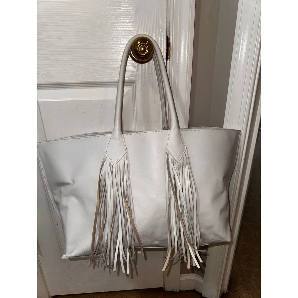 Sara Battaglia White Leather Fringe Tote Bag Designer Handbag‎ Purse